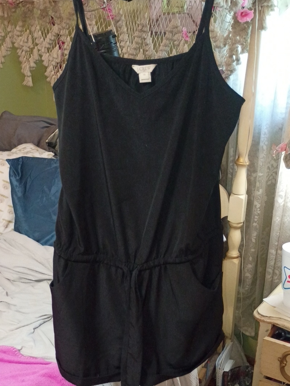 J. Crew Black Sleeveless V-Neck Romper with Drawstring